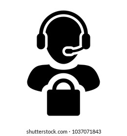 Service Icon Vector Male Operator Person Profile Avatar with Headset and Shopping Bag Symbol for Online eCommerce Support in Glyph Pictogram illustration
