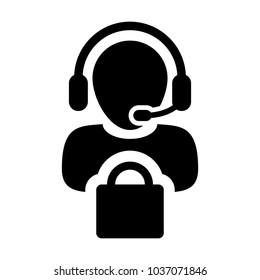 Service Icon Vector Male Operator Person Profile Avatar with Headset and Shopping Bag Symbol for Online eCommerce Support in Glyph Pictogram illustration