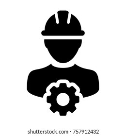 Service Icon Vector Male Person Worker Avatar Profile With Gear Cog Wheel For 
Engineering Support And With Hard Hat In Glyph Pictogram Symbol Illustration