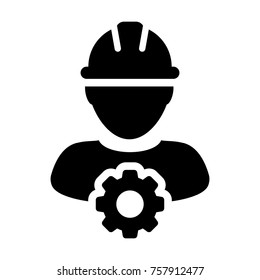 Service Icon Vector Male Person Worker Avatar Profile with Gear Cog Wheel for 
Engineering Support and with Hard Hat in Glyph Pictogram Symbol illustration