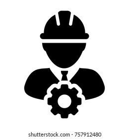 Service Icon Vector Male Person Worker Avatar Profile with Gear Cog Wheel for 
Engineering Support and with Hard Hat in Glyph Pictogram Symbol illustration