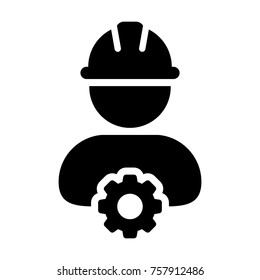 Service Icon Vector Male Person Worker Avatar Profile with Gear Cog Wheel for 
Engineering Support and with Hard Hat in Glyph Pictogram Symbol illustration
