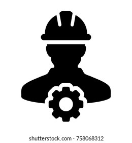 Service Icon Vector Male Person Worker Avatar Profile With Gear Cog Wheel For Engineering Support And With Hard Hat In Glyph Pictogram Symbol Illustration