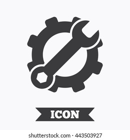 Service icon. Wrench key with cogwheel gear sign. Graphic design element. Flat service symbol on white background. Vector