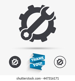 Service icon. Wrench key with cogwheel gear sign. Flat icons. Buttons with icons. Thank you ribbon. Vector