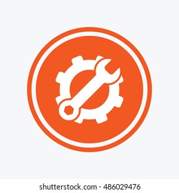 Service icon. Wrench key with cogwheel gear sign. Graphic design element. Flat service symbol on the round button. Vector