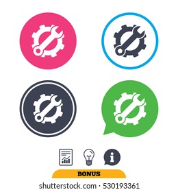Service icon. Wrench key with cogwheel gear sign. Report document, information sign and light bulb icons. Vector