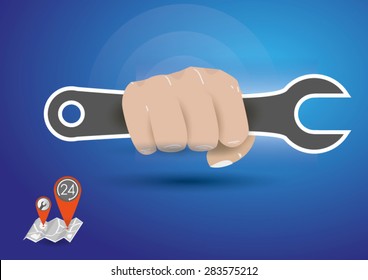 service icon. Wrench on hand with map pin.
