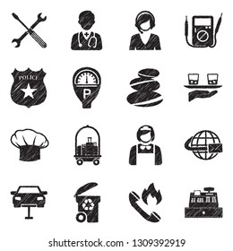 Service Icons. Black Scribble Design. Vector Illustration.