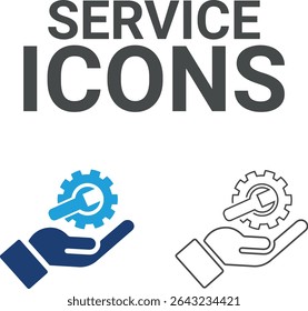 Ícones de serviço, Ícones de arte de linha Contendo correção, casa e reparação de carro, manutenção, caixa de ferramentas e ícones de serviço de reparador. Coleção de ícones do Solid. Ilustração vetorial.