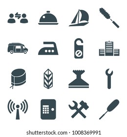 Service icons. set of 16 editable filled service icons such as do not disturb, window squeegee, dust brush, wrench hummer, sailboat, van, cargo, nurse hat, dish