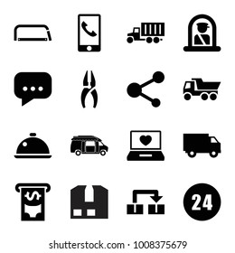 Service icons. set of 16 editable filled service icons such as airport officer, nippers, truck, van, laptop with heart, object move, share, dish, 24 hours, hacksaw, chat