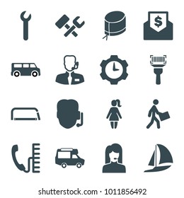 Service Icons. Set Of 16 Editable Filled Service Icons Such As Support, Van, Courier, Nurse Hat, Help Support, Envelope With Dollar Bill, Phone, Wrench, Gear Clock, Hacksaw