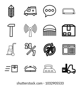 Service icons. set of 16 editable outline service icons such as comb, chat, express delivery, 24 hours support, atm, cargo, ambulance, bell, hummer, signal tower, iron