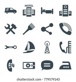 Service icons. set of 16 editable filled service icons such as signal tower, coloring brush, wrench hummer, hospital, bed, delivery car, call, share, chat, gear on display