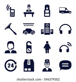 service icons set. Set of 16 service filled icons such as window squeegee, do not disturb, car wash, van, hospital, cargo container, headset, doctor, office supply, support
