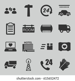 Service icons set. set of 16 service filled icons such as signal tower, comb, gloves, car wash, truck, case with heart, laptop with heart, clipboard, room tag, hammer, hotel