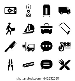 Service icons set. set of 16 service filled icons such as signal tower, comb, toolbox, nippers, hacksaw, fork and knife, forklift, cargo container, courier, chat