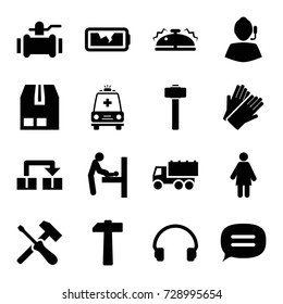 Service icons set. set of 16 service filled icons such as baby changing room, gloves, truck, pump, garden hammer, cargo container, headset, ambulance, chat, broken battery