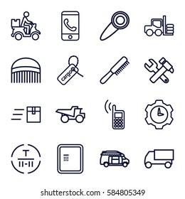 service icons set. Set of 16 service outline icons such as forklift, atm, comb, hummer and wrench, truck, van, cargo tag, cargo terminal, courier on motorcycle, door knob