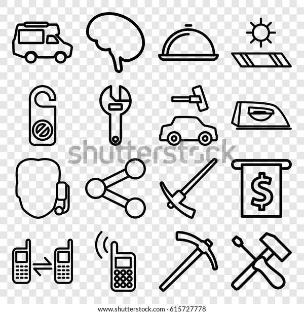 Service icons set. set of 16\
service outline icons such as do not disturb, iron, car wash,\
wrench, van, connected phone, doctor, dish, hammer, carpet in the\
sun, phone