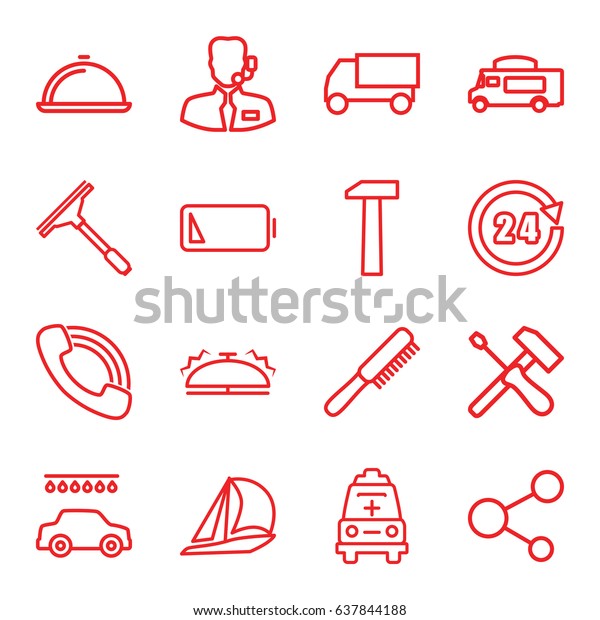 Service icons
set. set of 16 service outline icons such as comb, window squeegee,
car wash, truck, van, call, share, ambulance, low battery, dish,
bell, help support, 24
hours