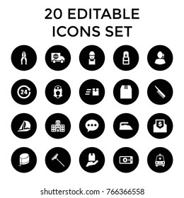 Service icons. set of 20 editable filled service icons such as iron, worker, chat, express delivery, sailboat, nurse, cargo container, cargo protection, support, nurse hat