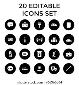 Service icons. set of 20 editable filled service icons such as washing machine, car wash, toolbox, screwdriver, chat, van, money in atm, garden hammer, hospital, delivery car
