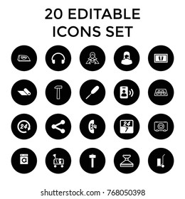 Service icons. set of 20 editable filled and outline service icons such as dust brush, cart cargo, garden hammer, customer support, headset, share, carpet, call, 24 hours