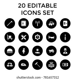 Service icons. set of 20 editable filled service icons such as signal tower, atm, comb, screwdriver, fork and knife. best quality service elements in trendy style.