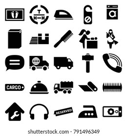 Service icons. set of 25 editable filled service icons such as comb, do not disturb, washing machine, maid, truck, headset, call, chat, gear on display, home repair, dish