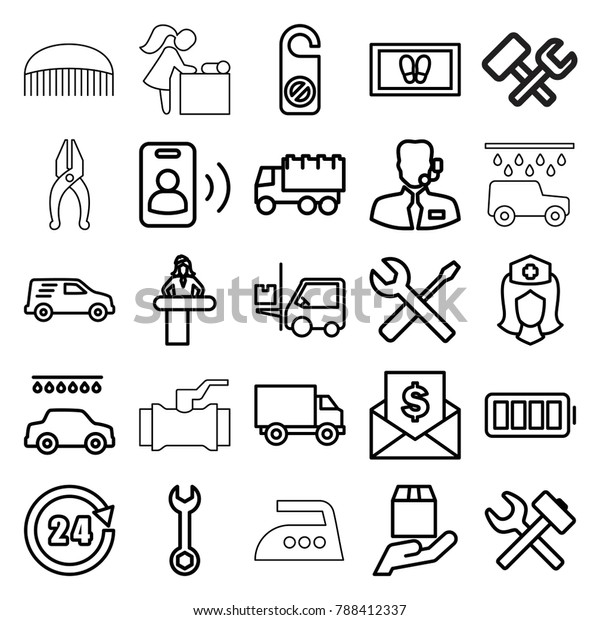 Service icons. set of 25\
editable outline service icons such as airport desk, do not\
disturb, foot carpet, car wash, wrench, truck, wrench and\
screwdriver, wrench\
hummer