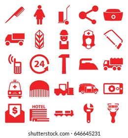 Service icons set. set of 25 service filled icons such as forklift, truck with luggage, comb, iron, worker, wrench, truck, hacksaw, cart cargo, van, nurse, cargo, 24 support