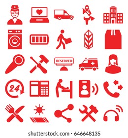 Service icons set. set of 25 service filled icons such as baby changing room, washing machine, maid, call, van, fork and knife, cargo, cargo container, courier