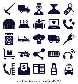 Service icons set. set of 25 service filled icons such as comb, coloring brush, window squeegee, washing machine, call, truck, pump, van, cargo tag, cargo on cart