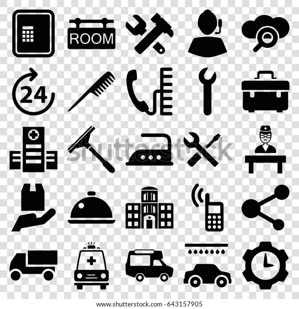 Service icons set. set\
of 25 service filled icons such as 24 hours, atm, comb, window\
squeegee, car wash, iron, toolbox, hummer and wrench, truck, wrench\
and screwdriver, van