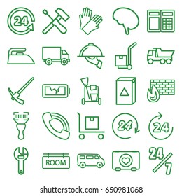 Service icons set. set of 25 service outline icons such as 24 hours, van, cleaning tools, iron, washing machine, gloves, wrench, truck, case with heart, cargo on cart