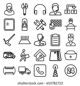 Service icons set. set of 25 service outline icons such as signal tower, atm, comb, wrench, hummer and wrench, van, courier, delivery car, customer support, headset, nurse hat
