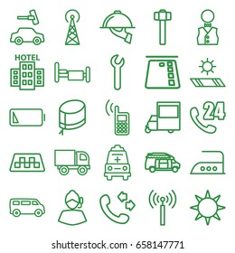 Service icons set. set of 25 service outline icons such as signal tower, taxi, van, car wash, iron, call, garden hammer, bed, nurse hat, ambulance, low battery, waiter