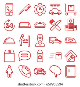 Service icons set. set of 25 service outline icons such as 24 hours, baby changing room, atm, comb, iron, car wash, worker, hacksaw, van, fork and knife, hospital