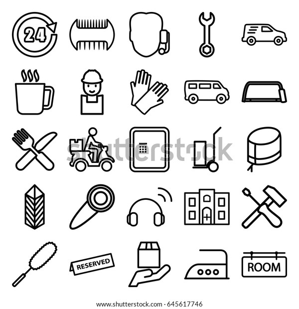 Service icons set. set of 25\
service outline icons such as mug, atm, comb, van, gloves, dust\
brush, iron, wrench, worker, hacksaw, cart cargo, fork and knife,\
cargo