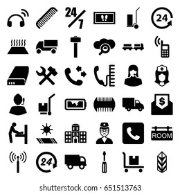 Service icons set. set of 36 service filled icons such as signal tower, baby changing room, truck with luggage, comb, foot carpet, call, screwdriver, truck, cart cargo