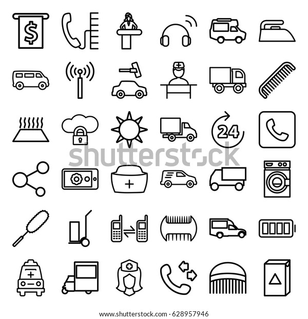 Service icons set. set of 36\
service outline icons such as signal tower, 24 hours, airport desk,\
comb, van, iron, washing machine, car wash, dust brush, call,\
truck