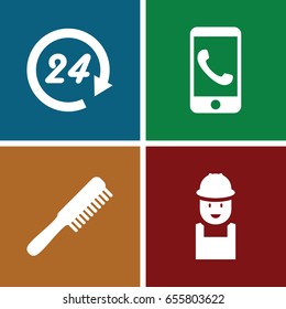 Service icons set. set of 4 service filled icons such as comb, worker, 24 hours