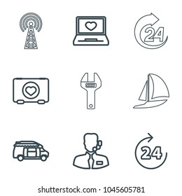 Service icons. set of 9 editable outline service icons such as 24 hours, van, case with heart, laptop with heart, help support, signal tower, wrench
