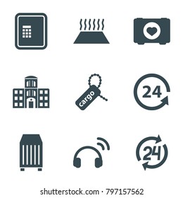 Service icons. set of 9 editable filled service icons such as atm, case with heart, cargo tag, cargo container, 24 support, hospital building, heating system in car