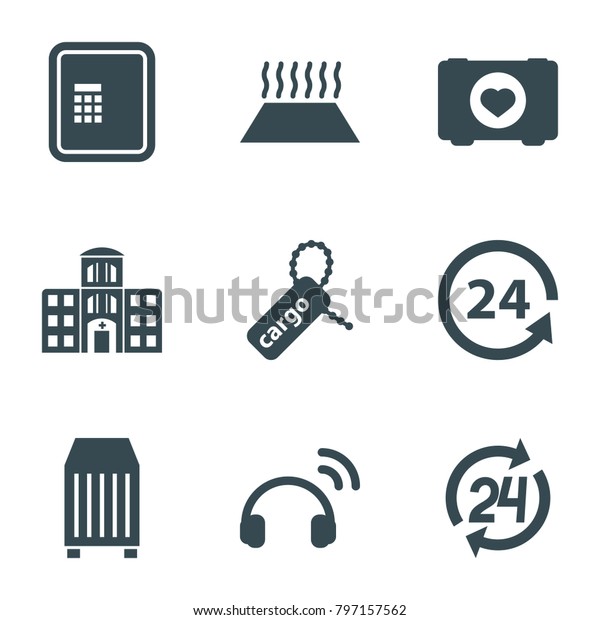 Service icons. set of 9\
editable filled service icons such as atm, case with heart, cargo\
tag, cargo container, 24 support, hospital building, heating system\
in car
