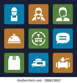 service icons set. Set of 9 service filled icons such as maid, worker, pump, van, cargo terminal, cargo container, support, chat