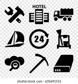 Service icons set. set of 9 service filled icons such as cleaning tools, hummer and wrench, truck, battery, 24 hours, hammer, hotel, sailboat