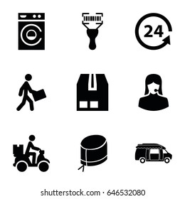 Service icons set. set of 9 service filled icons such as washing machine, van, cargo container, 24 support, bar code scanner, courier, courier on motorcycle, customer support